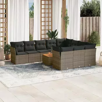 vidaXL Garten-Sofagarnitur 11-tlg. mit Kissen, Poly Rattan, Schwarz (3223837)