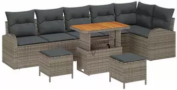 vidaXL Garten-Sofa-Set 9-tlg. mit Kissen & Stauraum, Poly Rattan/Akazie, Grau (3364368)