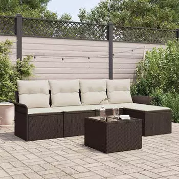 vidaXL Gartenlounge-Set mit Kissen, 6-tlg., Poly-Rattan, Braun (3345328)
