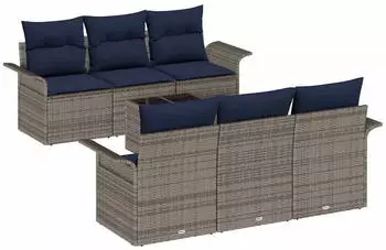 vidaXL Garten-Sofa-Set mit Kissen 7-tlg. Grau & Marineblau (3353924)