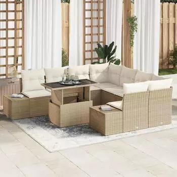 vidaXL Gartensofa-Set mit Kissen 9-tlg. Poly-Rattan Beige/Creme (3349157)