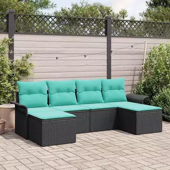 vidaXL Gartenlounge-Set 6-tlg. mit Kissen, Poly-Rattan, Schwarz (3345476)