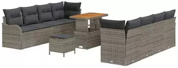 vidaXL Garten-Sofagarnitur 11-tlg. mit Kissen, Poly Rattan/Akazie, Grau (3364193)