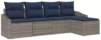vidaXL Sofa-Set mit Kissen 5-tlg. Poly-Rattan Grau/Marineblau (3355354)