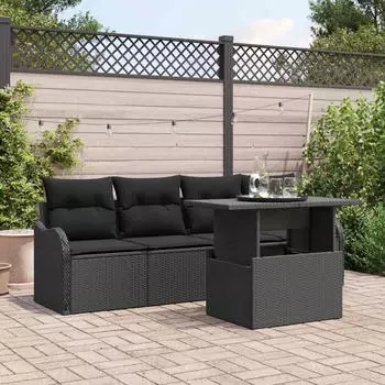 vidaXL Garten-Sofa-Set mit Kissen 5-teilig Schwarz Poly-Rattan (3348369)