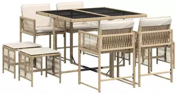 vidaXL Garten-Essgruppe 9-tlg. mit Kissen, Poly Rattan, Beige (3211498)