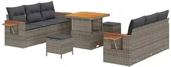 vidaXL Gartensofa-Set mit Kissen, 9-teilig, Poly-Rattan/Akazie, Grau (3363128)