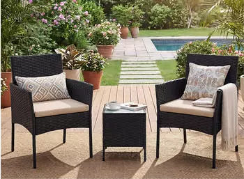 Songmics Gartenlounge-Set Tisch + 2 St&uuml;hle PE-Polyrattan Schwarz-Taupe (3-tlg)