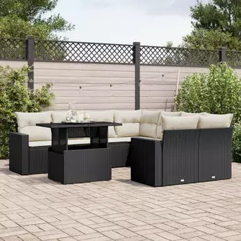 vidaXL Garten-Sofagarnitur 9-tlg. mit Kissen, Poly Rattan, Braun (3326294)