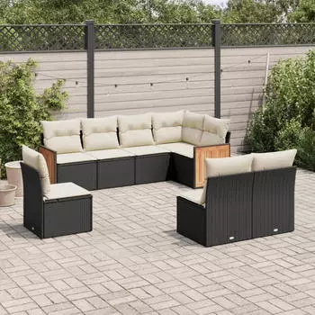 vidaXL Garten-Sofagarnitur 9-tlg. mit Kissen, Poly Rattan, Schwarz (3227728)