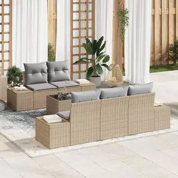 vidaXL Gartenlounge-Set 6-teilig mit Kissen Beige Poly-Rattan (3346940)