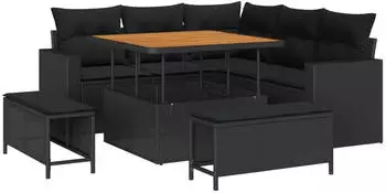 vidaXL Gartensofa-Set mit Kissen 9-tlg. Poly-Rattan Schwarz (3363554)