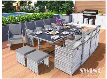 Swing & Harmonie Poly-Rattan Garten-Essgruppe 13-teilig, 1x Tisch + 8x St&uuml;hle + 4x Hocker, Grau