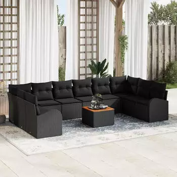 vidaXL Gartenlounge-Set 11-tlg. Poly-Rattan Schwarz mit Kissen (3347632)