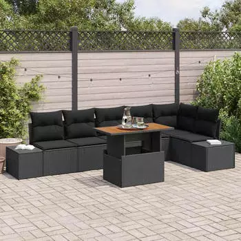 vidaXL Garten-Essgruppe mit Kissen 7-tlg. Poly Rattan/Akazie Schwarz/Braun (3349974)