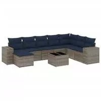 vidaXL 9-teiliges Gartensofa-Set mit Kissen, grau, Polyrattan