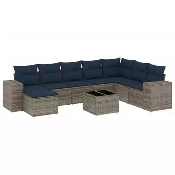 vidaXL Gartensofa-Set 9-teilig mit Kissen, Polyrattan, Grau (3222970)