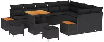 vidaXL Gartensofa-Set mit Kissen 12-teilig Poly Rattan Schwarz (3364899)