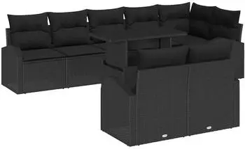 vidaXL Garten-Sofagarnitur 9-tlg. mit Kissen, Poly Rattan, Schwarz (3348669)