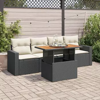 vidaXL Garten-Sofagarnitur 5-tlg. mit Kissen, Poly Rattan, Beige (3326985)
