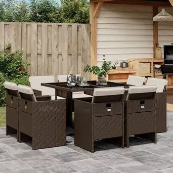 vidaXL Garten-Essgruppe 11-tlg. mit Kissen, Poly Rattan, Schwarz (3277793)