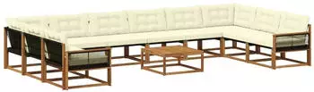 vidaXL Outdoor-Sofagarnitur mit Kissen, 11-tlg., Natur/Creme (3381726)