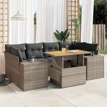 vidaXL Garten-Sofagarnitur 7-tlg. mit Kissen Schwarz Polyrattan (3327339)