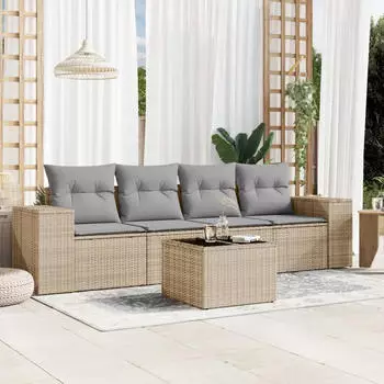 vidaXL Garten-Sofagarnitur 4-tlg. mit Kissen Poly Rattan Beige (3254616)