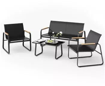 Mondeer Gartenm&ouml;bel Set 4-teilig, Metall & Textilene, Holz-Armlehnen, Schwarz