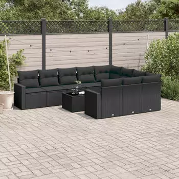 vidaXL Garten-Sofagarnitur 10-tlg. mit Kissen, Poly Rattan, Schwarz (3219475)