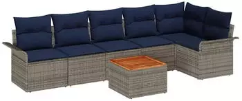 vidaXL Gartensofa-Set 7-tlg. Poly-Rattan Grau und Marineblau (3356008)