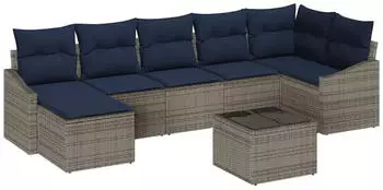 vidaXL Gartenlounge-Set mit Kissen Poly-Rattan Grau/Marineblau (3355494)