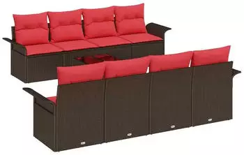 vidaXL Gartensofa-Set mit Kissen 9-tlg. Poly-Rattan Beige/Rot (3353963)