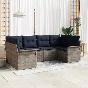 vidaXL Gartenlounge-Set 6-tlg. mit Kissen, Poly-Rattan, Grau (3345505)