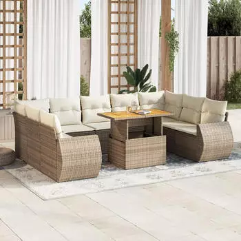 vidaXL Garten-Sofagarnitur 10-tlg. mit Kissen, Poly Rattan, Beige (3272340)