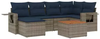 vidaXL Gartensofa-Set 7-teilig mit Kissen, Polyrattan, Grau (3224668)