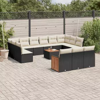 vidaXL Garten-Sofagarnitur 13-tlg. mit Kissen, Poly Rattan, Schwarz (3260537)