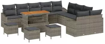 vidaXL Gartenlounge-Set 14-tlg. Poly-Rattan/Akazie Grau mit Kissen (3362723)