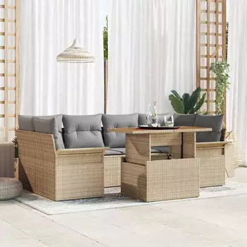vidaXL Garten-Sofa-Set 7-teilig Poly-Rattan/Akazie Beige/Hellgrau (3349286)