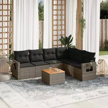 vidaXL Garten-Sofagarnitur 7-tlg. mit Kissen, Poly Rattan, Beige (3256919)