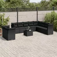 vidaXL 10-tlg. Garten-Sofagarnitur mit Kissen Schwarz Poly Rattan