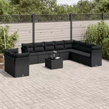 vidaXL Garten-Sofagarnitur 10-tlg. mit Kissen, Poly Rattan, Schwarz (3249694)