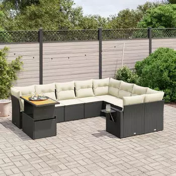 vidaXL Garten-Sofagarnitur 10-tlg. mit Kissen, Poly Rattan, Schwarz (3327192)