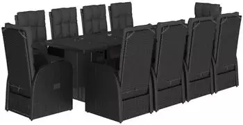 vidaXL Garten-Essgruppe 11-tlg. mit Kissen, Poly Rattan, Schwarz (3277642)