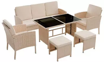 Juskys Turin Polyrattan Sitzgruppe 6-teilig f&uuml;r 7 Personen, Creme