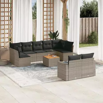 vidaXL Garten-Sofagarnitur mit Kissen, 10-tlg., Poly Rattan, Grau (3224282)