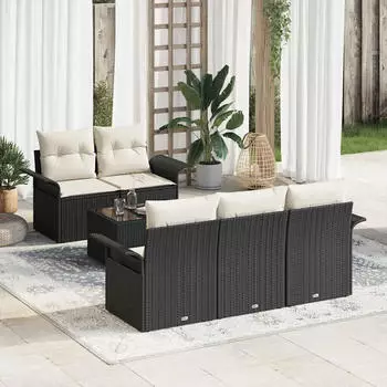 vidaXL Sofa-Set mit Kissen 6-tlg. Schwarz Poly-Rattan (3345237)