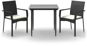vidaXL Garten-Essgruppe 3-tlg. mit Kissen, Poly Rattan, Schwarz (3185119)