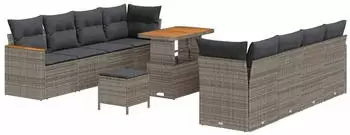 vidaXL Garten-Sofagarnitur mit Kissen 11-tlg., Grau, Poly-Rattan/Akazie (3364973)