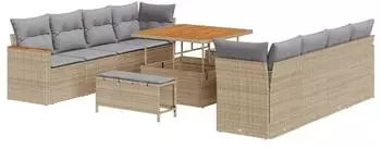 vidaXL Garten-Sofagarnitur 11-tlg. mit Kissen Poly Rattan Akazie Beige (3363027)
